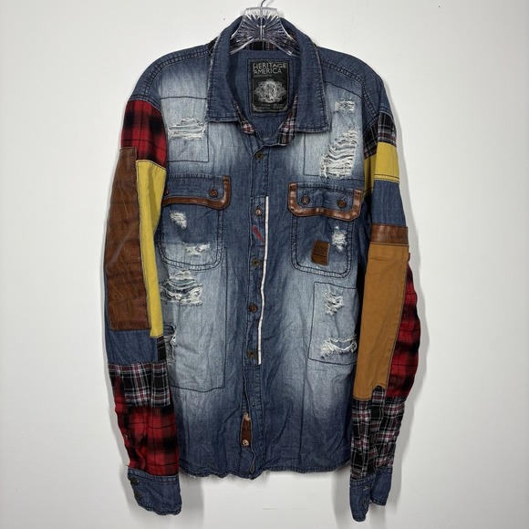 Heritage America Other - Heritage America Men 2XL Denim Jacket Grunge Flannel Patch Distressed Streetwear